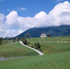 オーストリア 山を背景に丘の風景